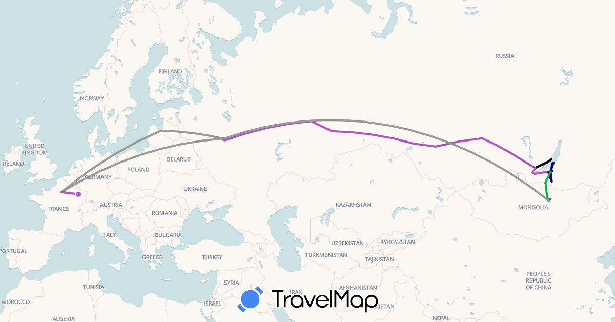 TravelMap itinerary: driving, bus, plane, train, hiking, boat, marchroutka in France, Latvia, Mongolia, Russia (Asia, Europe)