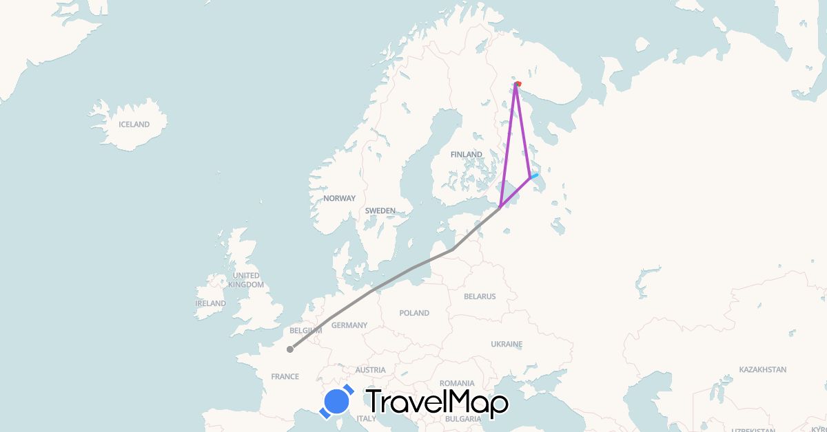 TravelMap itinerary: bus, plane, train, hiking, boat, bus in France, Latvia, Russia (Europe)